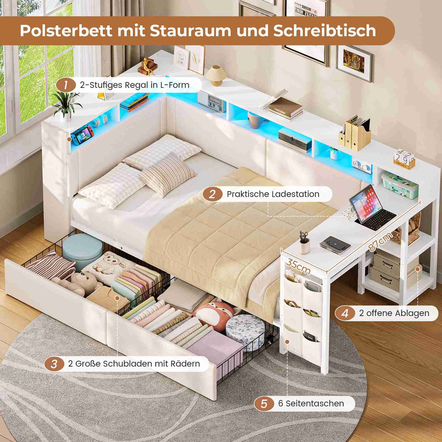 AOGLLATI Polsterbett 90x200 mit LED-Beleuchtung Ladestation & Schreibtisch Tagesbett Jugendbett mit Gepolstertem Kopfteil 2 Schubladen & 6 Staufächern
