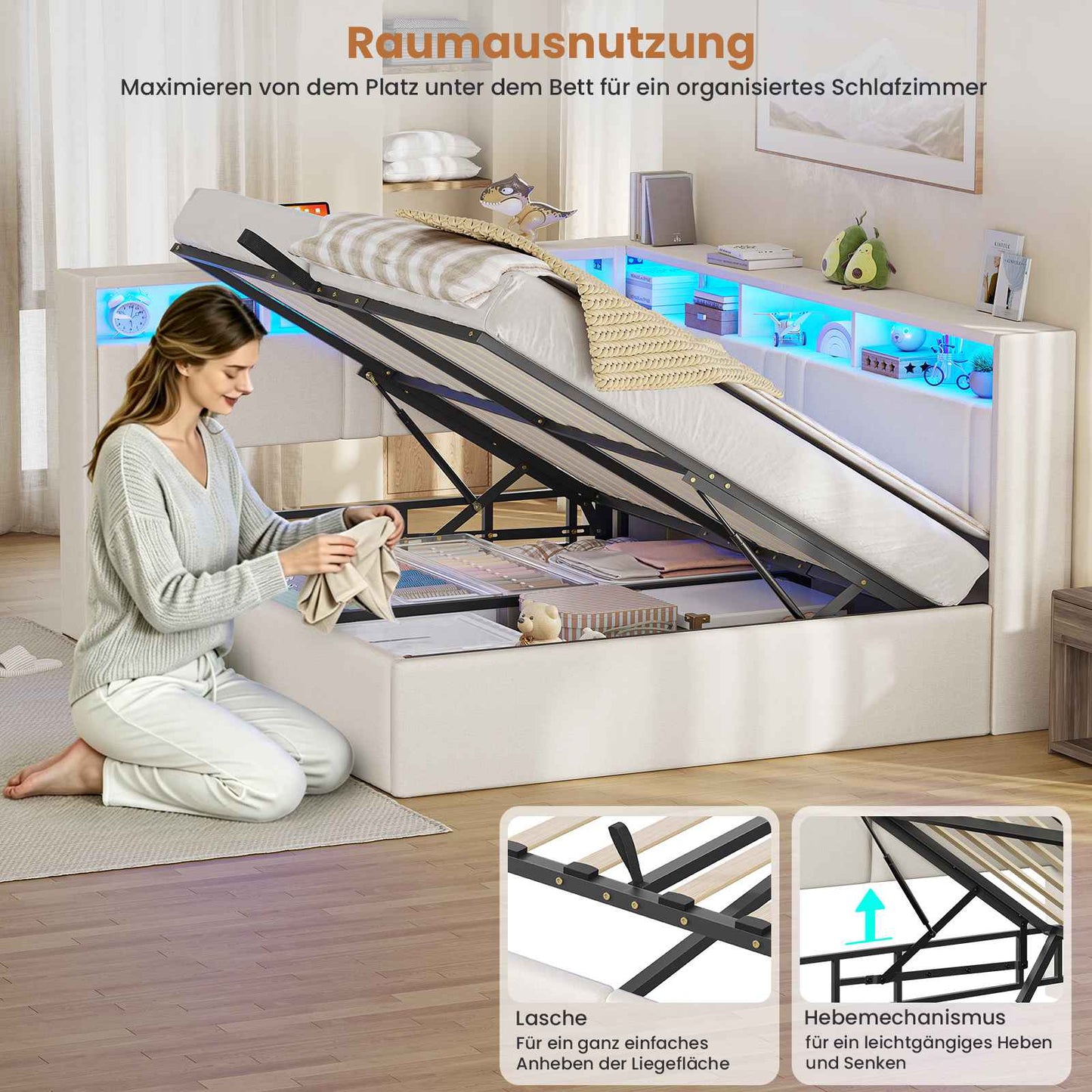 AOGLLATI Polsterbett Schlafsofa 140x200 mit Hydraulis LED-Beleuchtung & USB Doppelbett mit 6 Staufächern & Gepolstertem LED-Kopfteil