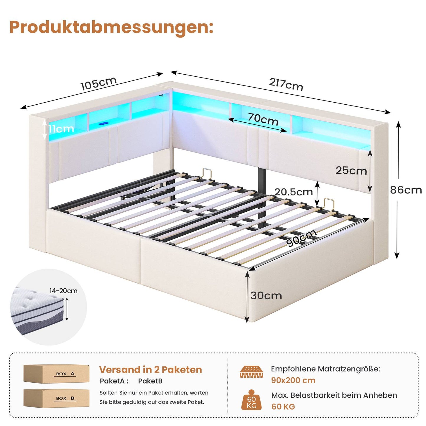 AOGLLATI Polsterbett Schlafsofa 90x200 mit Hydraulis LED-Beleuchtung & USB Kinderbett mit 5 Staufächern & Gepolstertem LED-Kopfteil