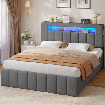 AOGLLATI Polsterbett 140x190 mit Stauraum Hydraulisches Bett mit LED-Bleuchtung und Ladestation Jugendbett Doppelbett Bettgestell mit Kopfteil aus Samt