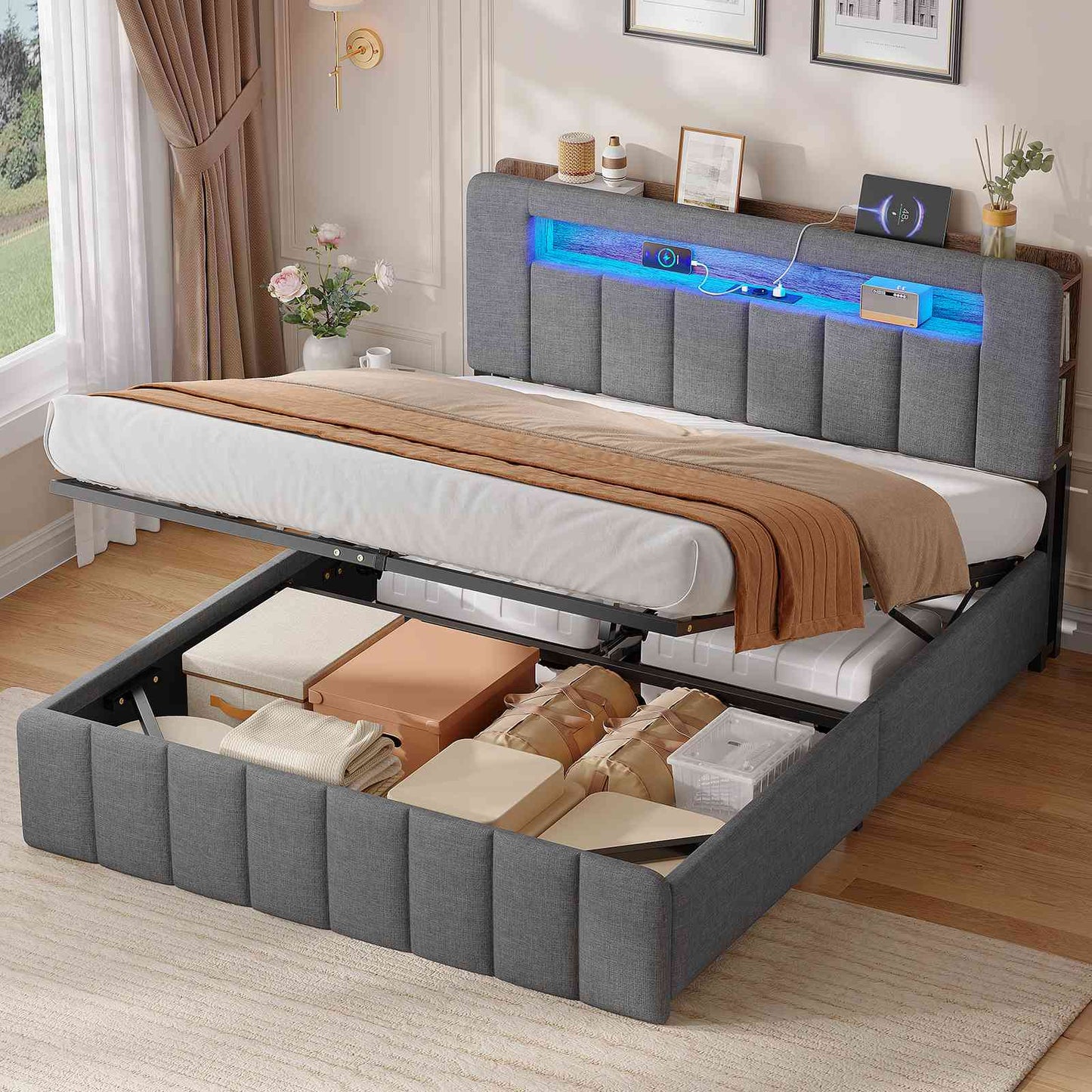 AOGLLATI Polsterbett 140x190 mit Stauraum Hydraulisches Bett mit LED-Bleuchtung und Ladestation Jugendbett Doppelbett Bettgestell mit Kopfteil aus Samt