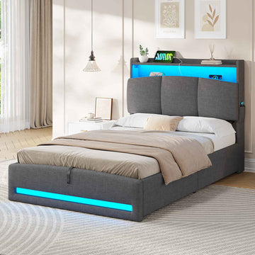 AOGLLATI Polsterbett 90×200 mit Steckdosen und LED-Beleuchtung Doppelbett mit Stauraum Kopfteil Bett mit Hydraulische Stauraum und Lattenrost aus Holz