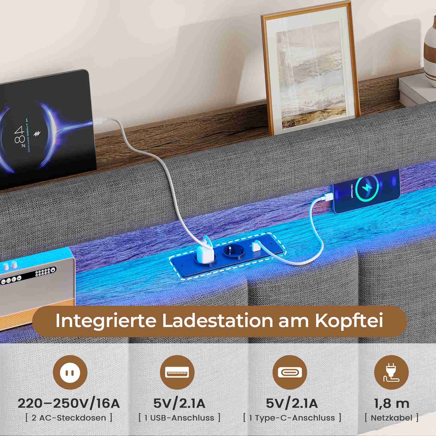 AOGLLATI Polsterbett 140x190 mit Stauraum Hydraulisches Bett mit LED-Bleuchtung und Ladestation Jugendbett Doppelbett Bettgestell mit Kopfteil aus Samt