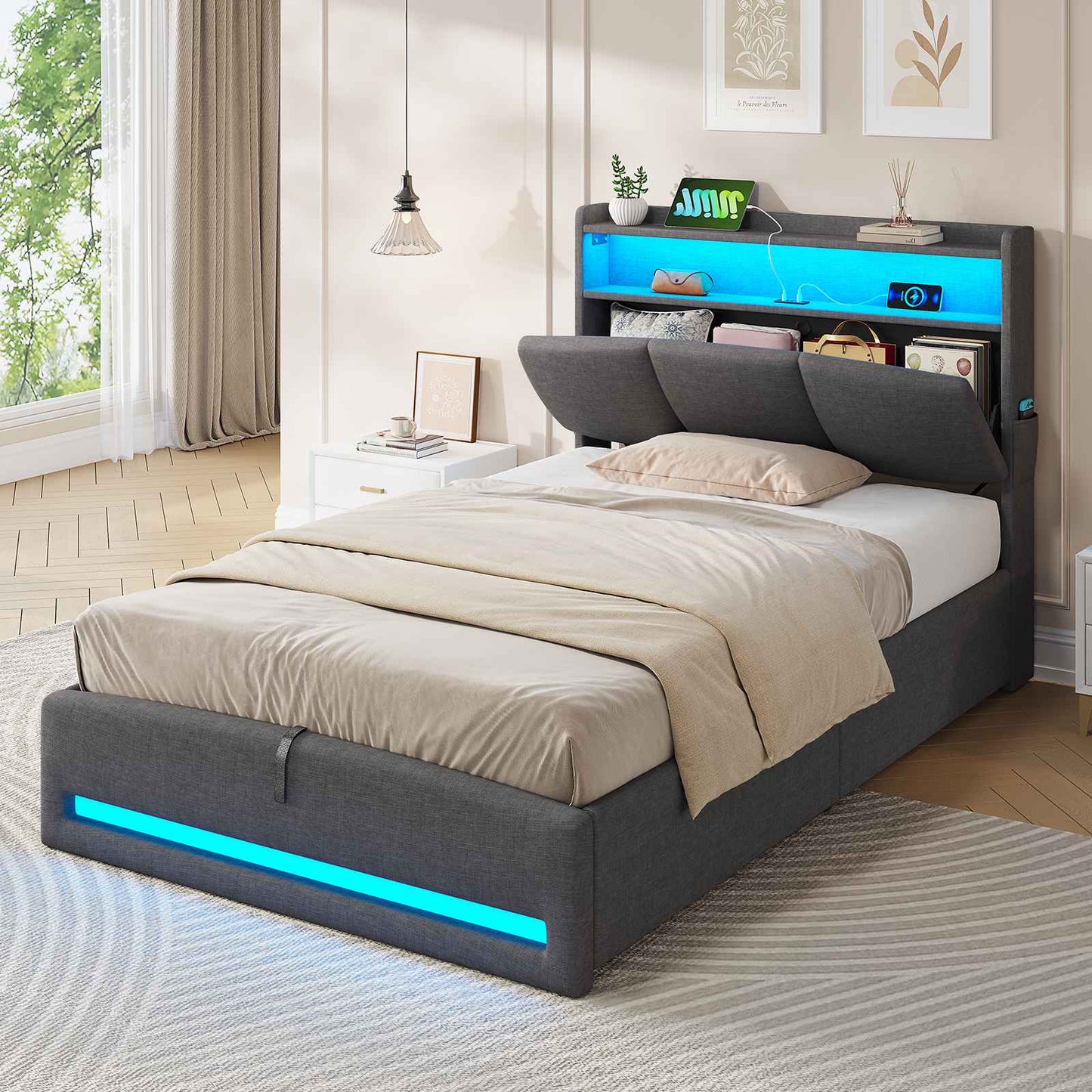 AOGLLATI Polsterbett 90×200 mit Steckdosen und LED-Beleuchtung Doppelbett mit Stauraum Kopfteil Bett mit Hydraulische Stauraum und Lattenrost aus Holz