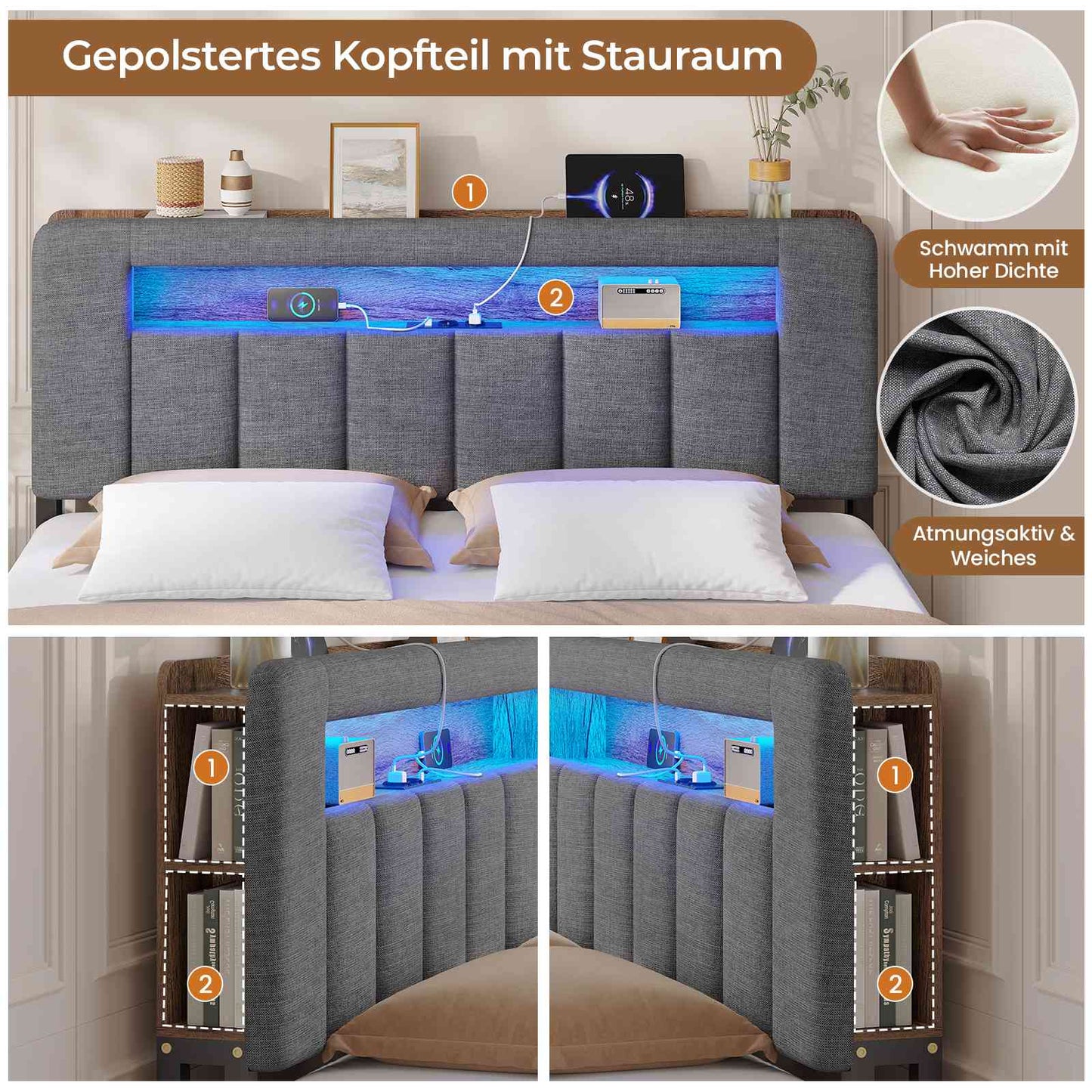 AOGLLATI Polsterbett 140x190 mit Stauraum Hydraulisches Bett mit LED-Bleuchtung und Ladestation Jugendbett Doppelbett Bettgestell mit Kopfteil aus Samt