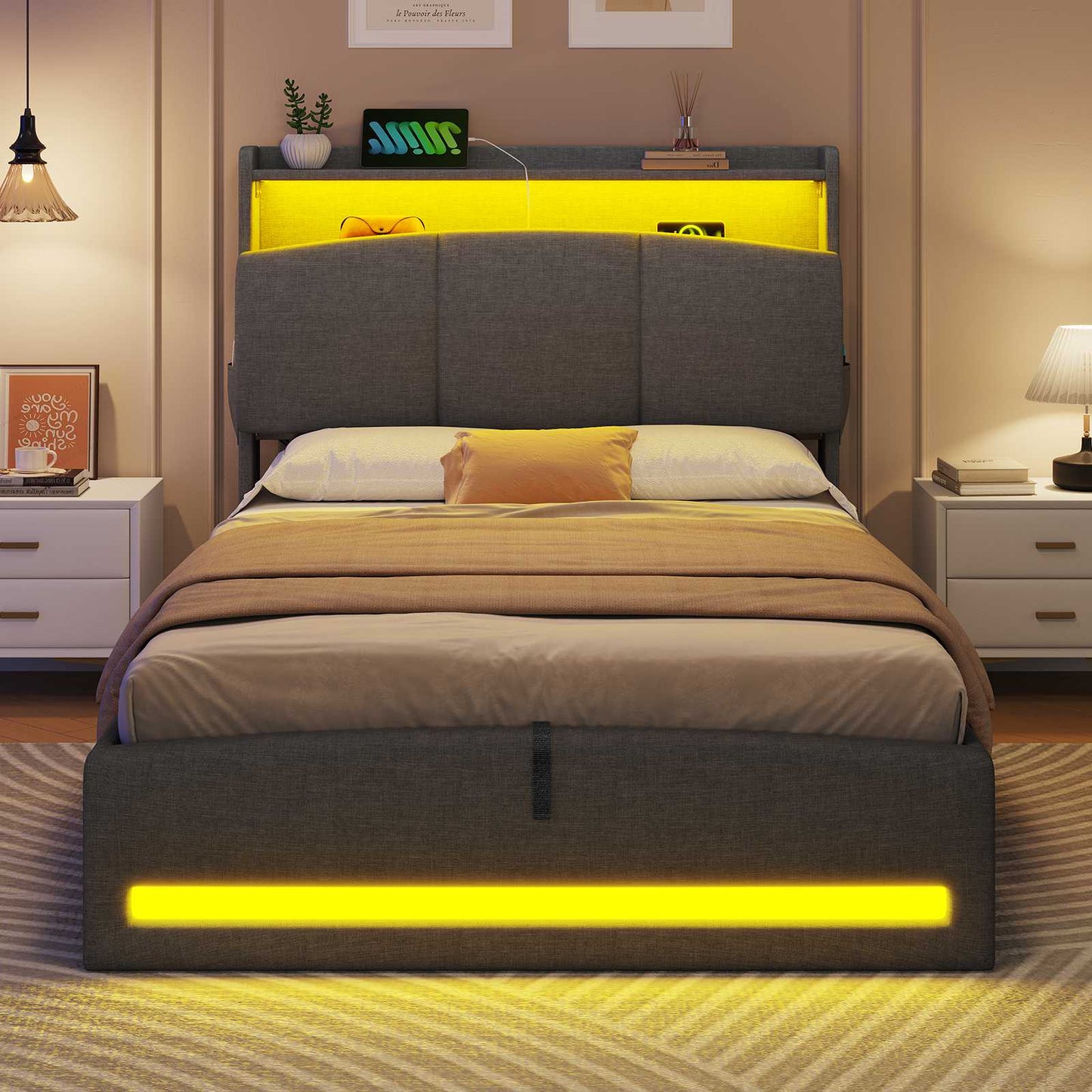 AOGLLATI Polsterbett 90×200 mit Steckdosen und LED-Beleuchtung Doppelbett mit Stauraum Kopfteil Bett mit Hydraulische Stauraum und Lattenrost aus Holz
