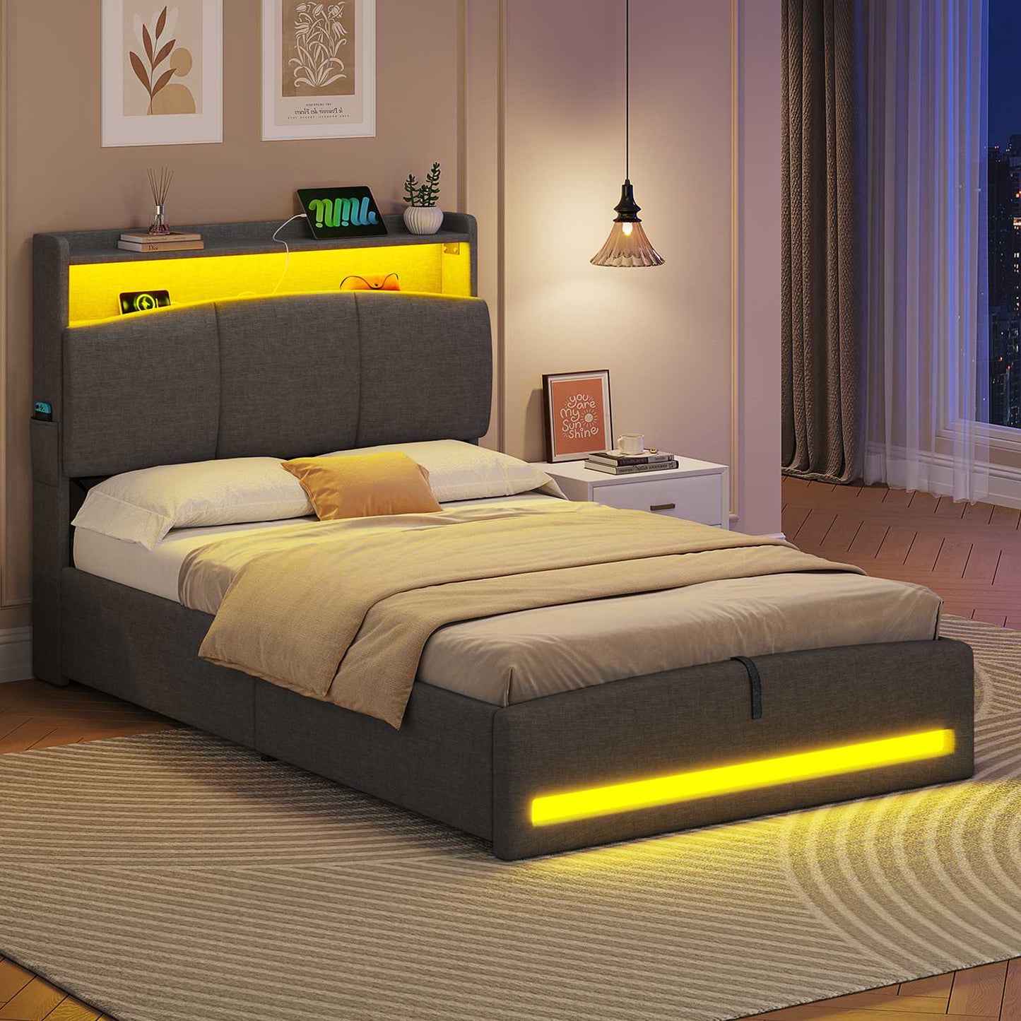 AOGLLATI Polsterbett 90×200 mit Steckdosen und LED-Beleuchtung Doppelbett mit Stauraum Kopfteil Bett mit Hydraulische Stauraum und Lattenrost aus Holz
