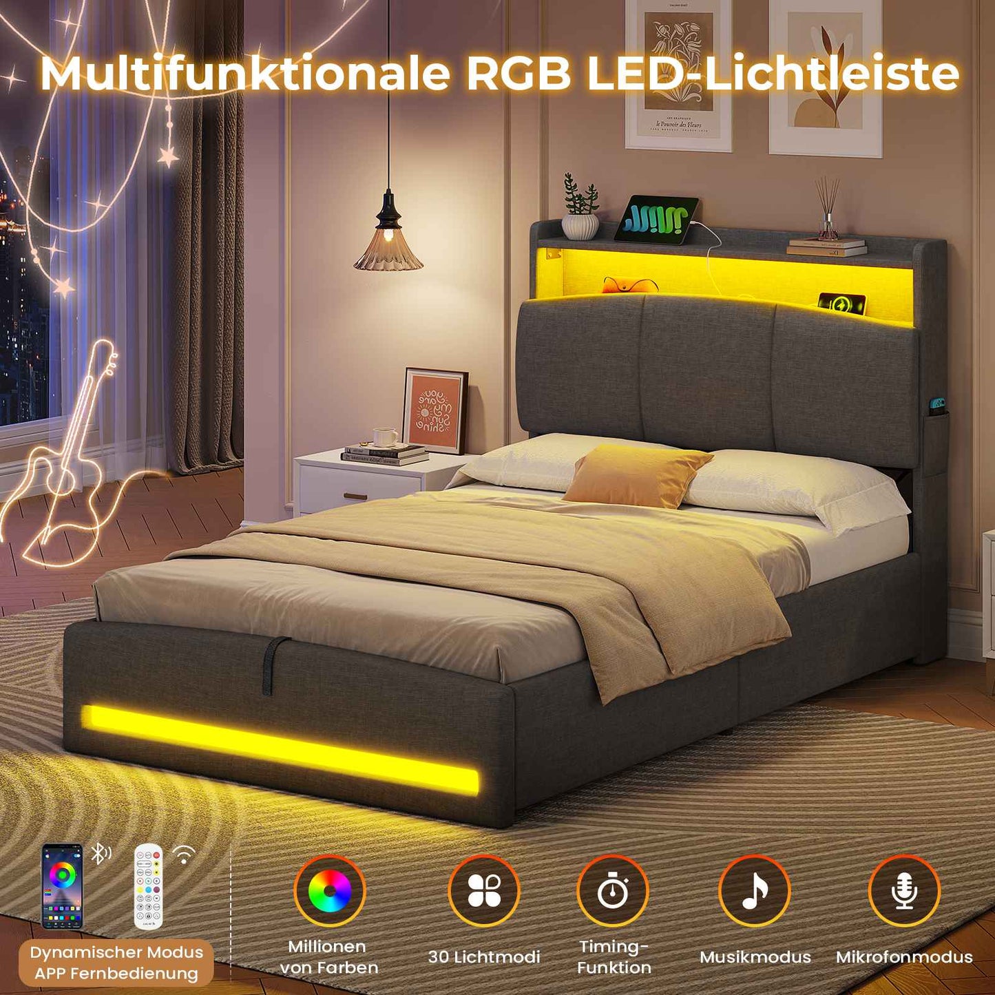 AOGLLATI Polsterbett 90×200 mit Steckdosen und LED-Beleuchtung Doppelbett mit Stauraum Kopfteil Bett mit Hydraulische Stauraum und Lattenrost aus Holz
