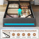 AOGLLATI Polsterbett 90×200 mit Steckdosen und LED-Beleuchtung Doppelbett mit Stauraum Kopfteil Bett mit Hydraulische Stauraum und Lattenrost aus Holz