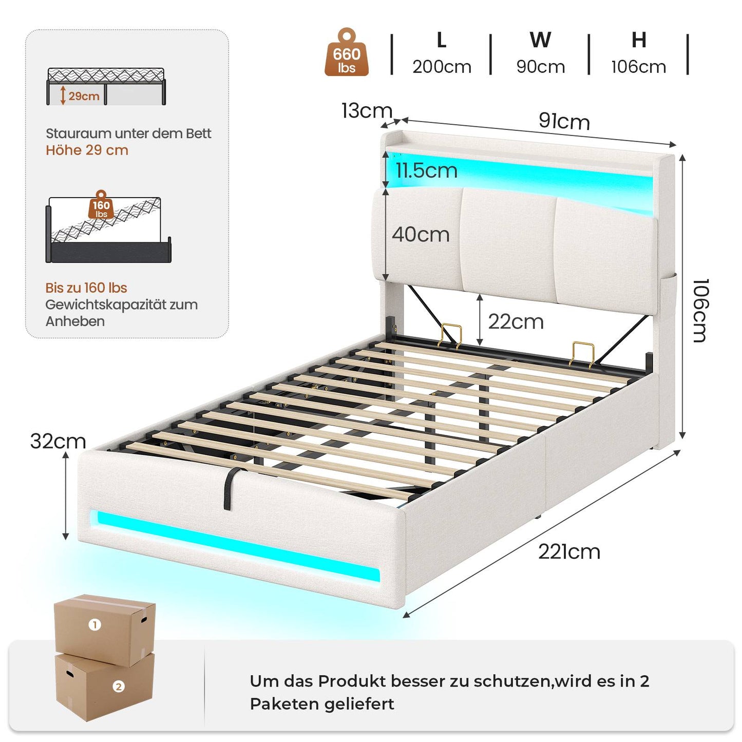 AOGLLATI Polsterbett 90×200 mit Steckdosen und LED-Beleuchtung Doppelbett mit Stauraum Kopfteil Bett mit Hydraulische Stauraum und Lattenrost aus Holz