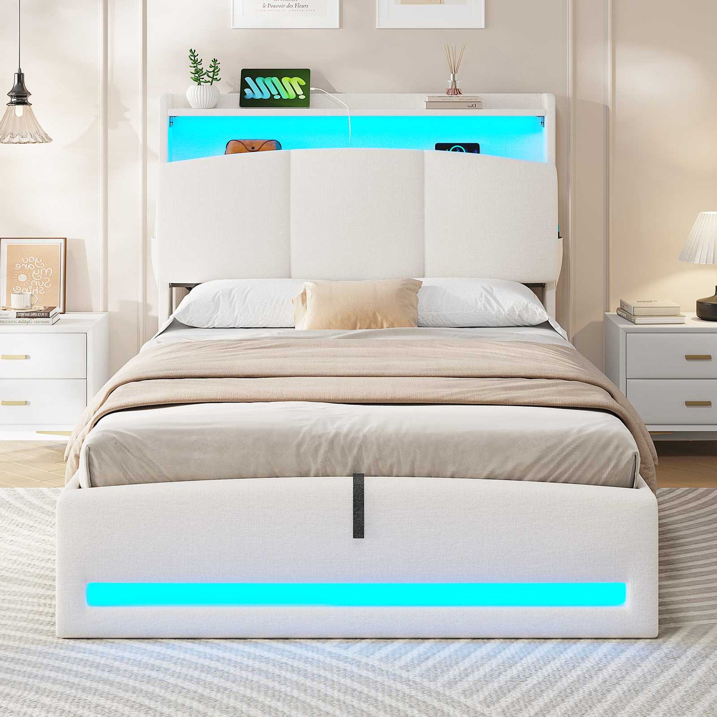 AOGLLATI Polsterbett 90×200 mit Steckdosen und LED-Beleuchtung Doppelbett mit Stauraum Kopfteil Bett mit Hydraulische Stauraum und Lattenrost aus Holz