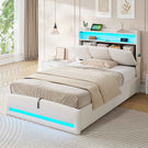 AOGLLATI Polsterbett 90×200 mit Steckdosen und LED-Beleuchtung Doppelbett mit Stauraum Kopfteil Bett mit Hydraulische Stauraum und Lattenrost aus Holz