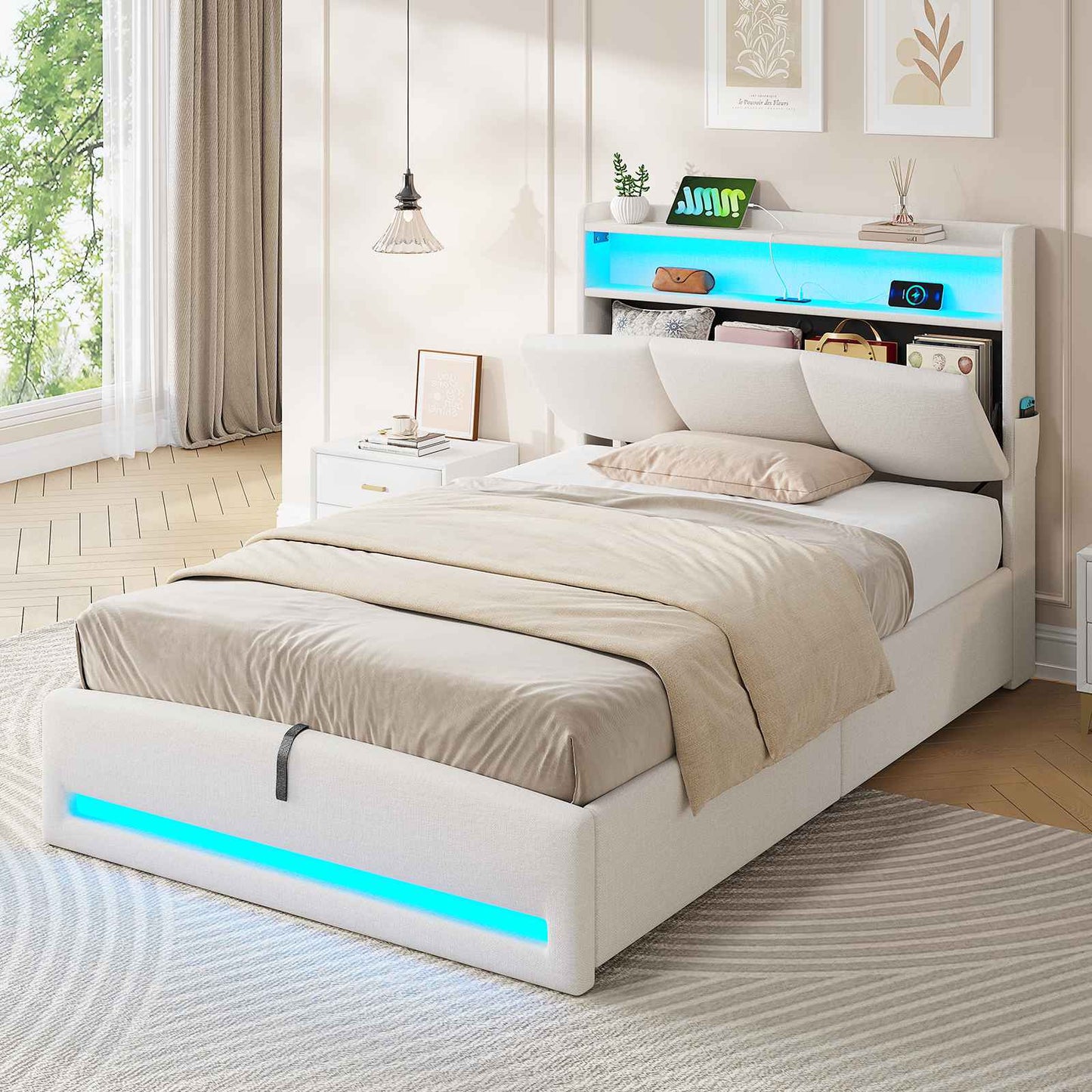 AOGLLATI Polsterbett 90×200 mit Steckdosen und LED-Beleuchtung Doppelbett mit Stauraum Kopfteil Bett mit Hydraulische Stauraum und Lattenrost aus Holz