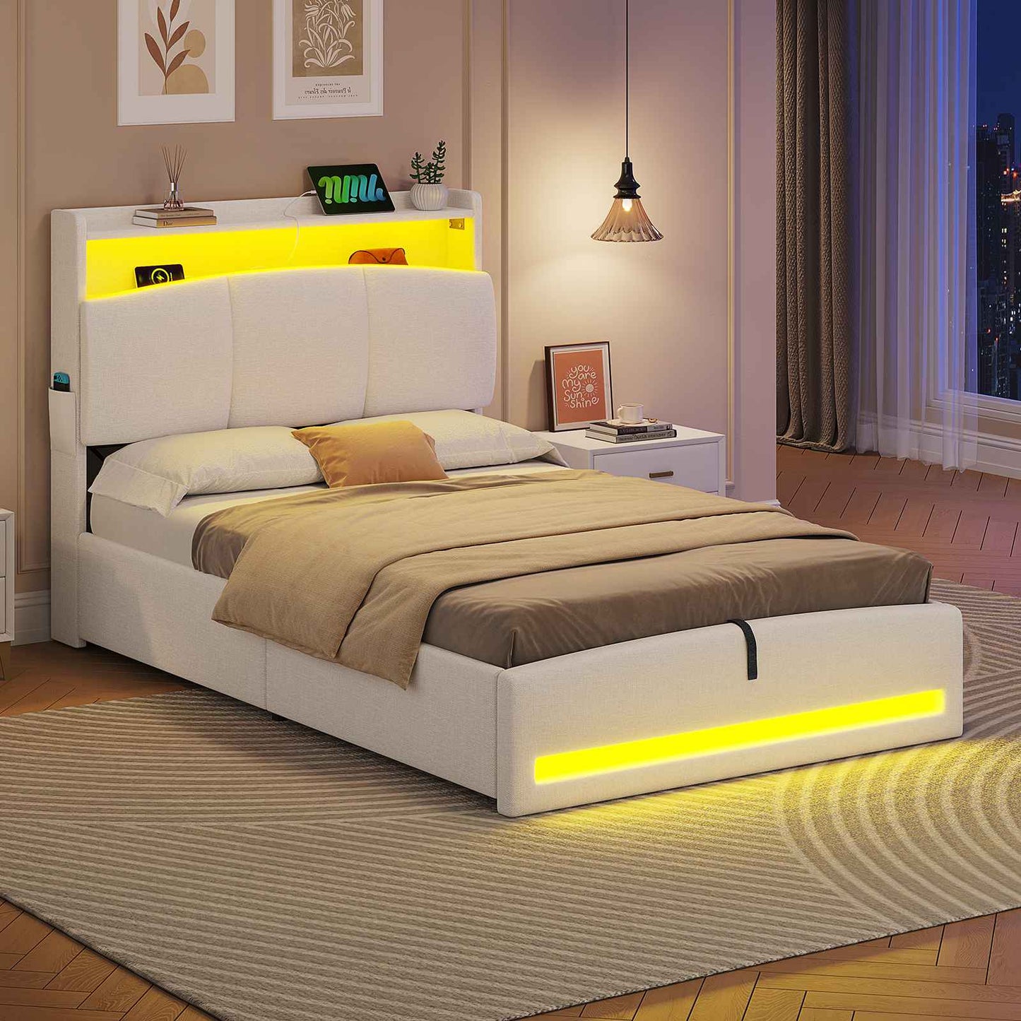 AOGLLATI Polsterbett 90×200 mit Steckdosen und LED-Beleuchtung Doppelbett mit Stauraum Kopfteil Bett mit Hydraulische Stauraum und Lattenrost aus Holz