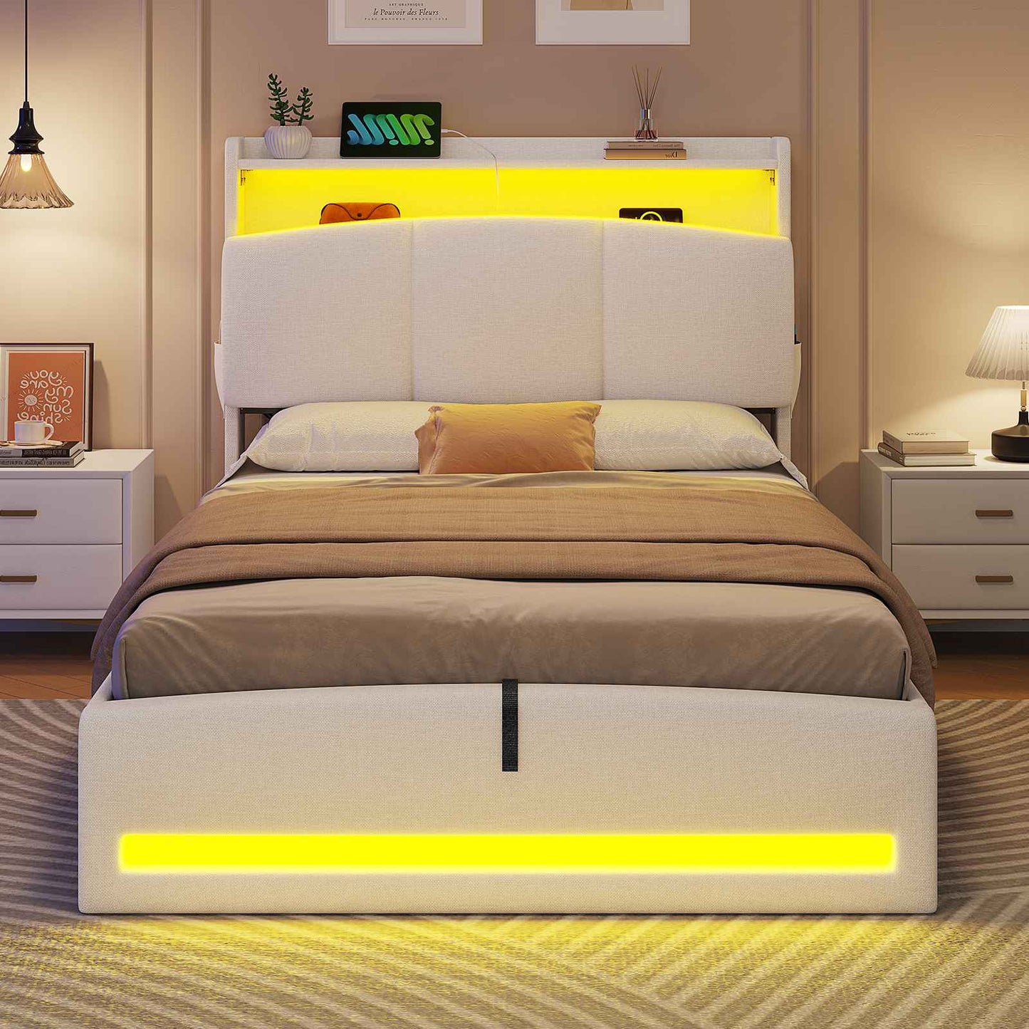 AOGLLATI Polsterbett 90×200 mit Steckdosen und LED-Beleuchtung Doppelbett mit Stauraum Kopfteil Bett mit Hydraulische Stauraum und Lattenrost aus Holz