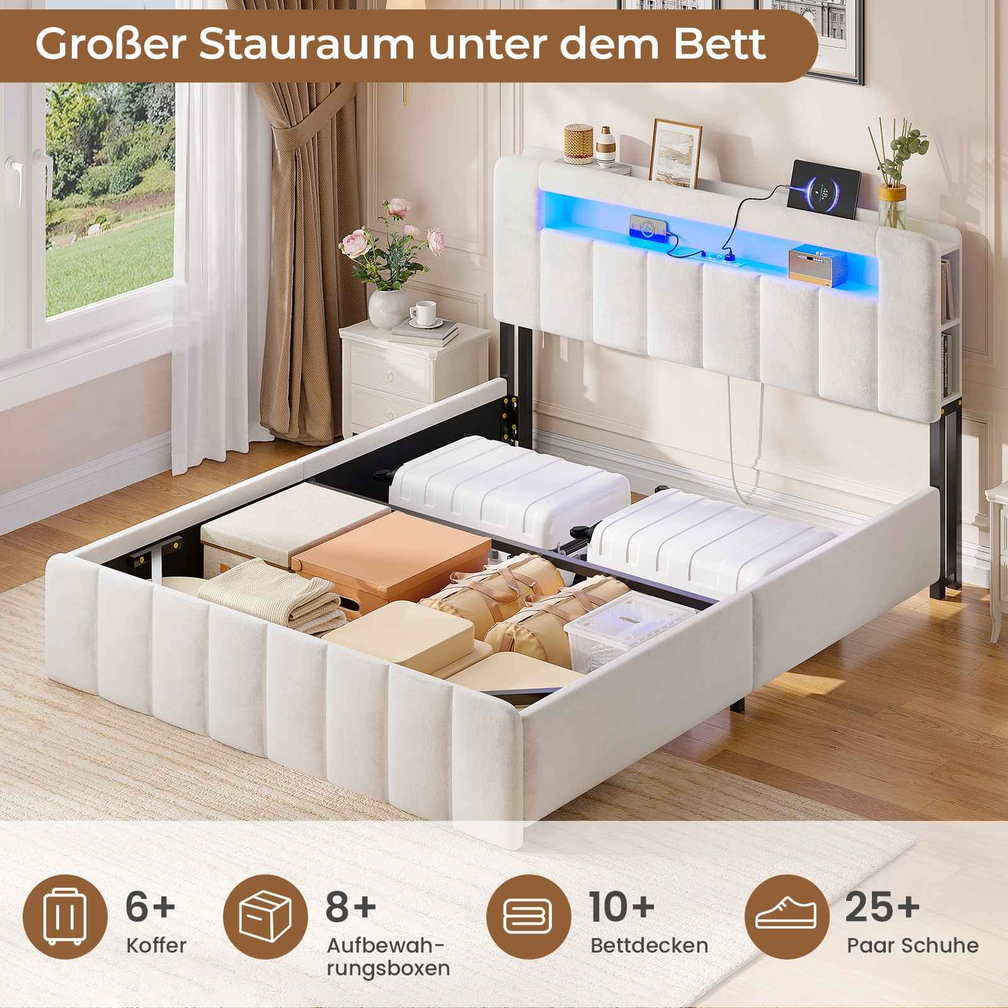 AOGLLATI Polsterbett 140x190 mit Stauraum Hydraulisches Bett mit LED-Bleuchtung und Ladestation Jugendbett Doppelbett Bettgestell mit Kopfteil aus Samt