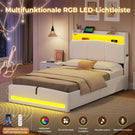 AOGLLATI Polsterbett 90×200 mit Steckdosen und LED-Beleuchtung Doppelbett mit Stauraum Kopfteil Bett mit Hydraulische Stauraum und Lattenrost aus Holz