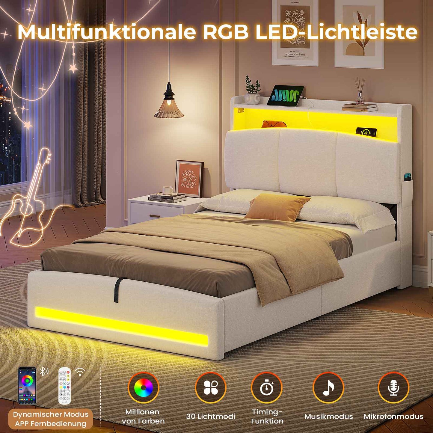 AOGLLATI Polsterbett 90×200 mit Steckdosen und LED-Beleuchtung Doppelbett mit Stauraum Kopfteil Bett mit Hydraulische Stauraum und Lattenrost aus Holz