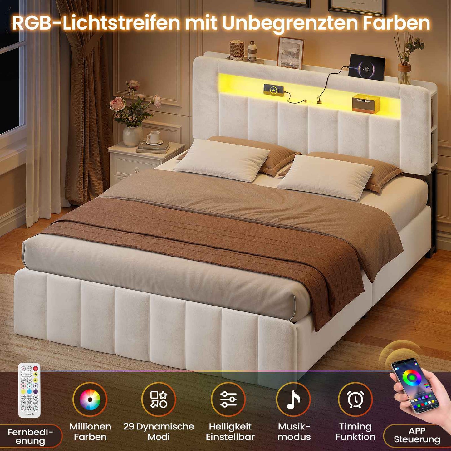 AOGLLATI Polsterbett 140x190 mit Stauraum Hydraulisches Bett mit LED-Bleuchtung und Ladestation Jugendbett Doppelbett Bettgestell mit Kopfteil aus Samt