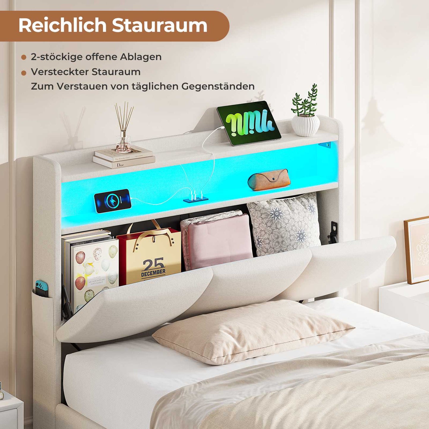 AOGLLATI Polsterbett 90×200 mit Steckdosen und LED-Beleuchtung Doppelbett mit Stauraum Kopfteil Bett mit Hydraulische Stauraum und Lattenrost aus Holz