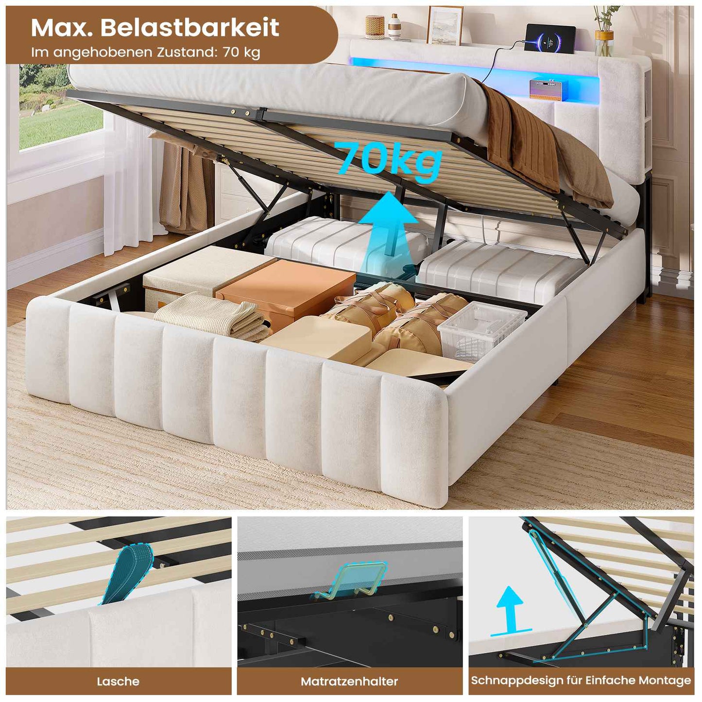 AOGLLATI Polsterbett 140x190 mit Stauraum Hydraulisches Bett mit LED-Bleuchtung und Ladestation Jugendbett Doppelbett Bettgestell mit Kopfteil aus Samt