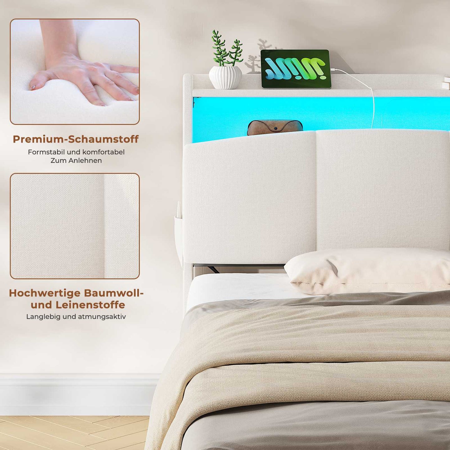 AOGLLATI Polsterbett 90×200 mit Steckdosen und LED-Beleuchtung Doppelbett mit Stauraum Kopfteil Bett mit Hydraulische Stauraum und Lattenrost aus Holz