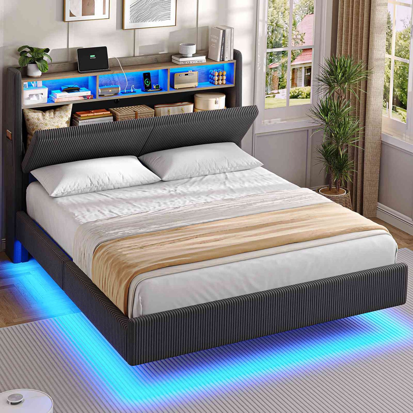 AOGLLATI Polsterbett 140x190 mit Stauraum Schwebebett mit 270°-LED-Beleuchtung Jugendbett mit Ladestation Doppelbett Bettgestell mit Stauraum Kopfteil