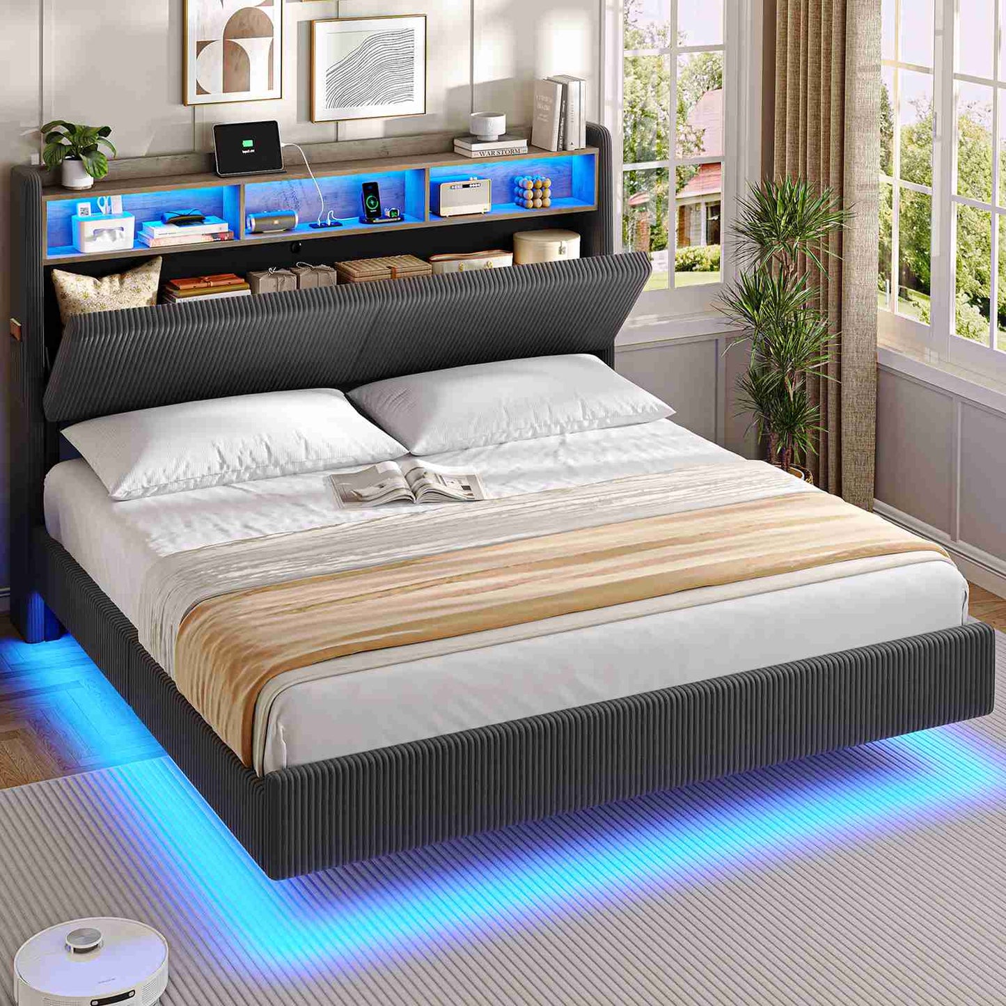 AOGLLATI Polsterbett 180x200 mit Stauraum Schwebebett mit 270°-LED-Beleuchtung Doppelbett mit Ladestation Bettgestell mit Stauraum Kopfteil