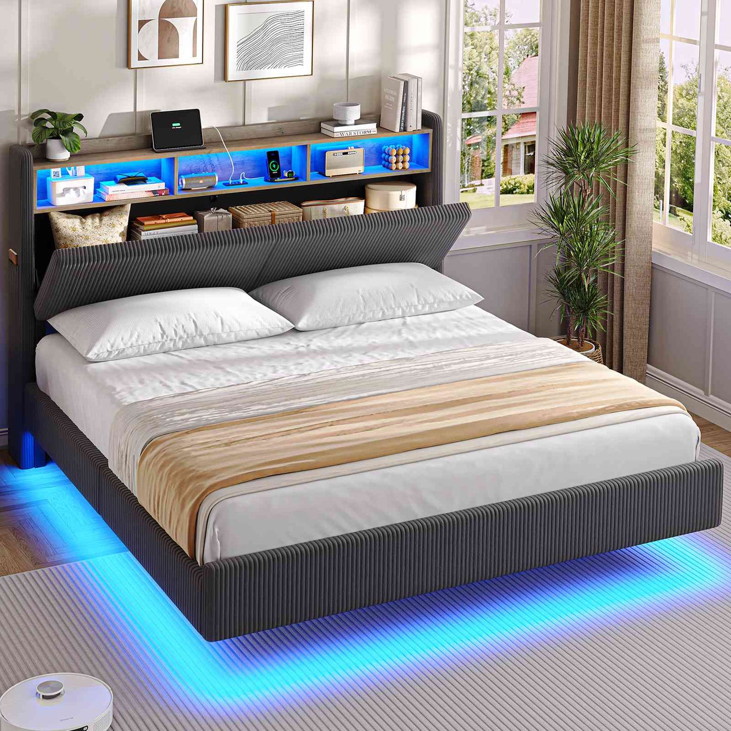 AOGLLATI Polsterbett 160x200 mit Stauraum Schwebebett mit 270°-LED-Beleuchtung Jugendbett mit Ladestation Doppelbett Bettgestell mit Stauraum Kopfteil