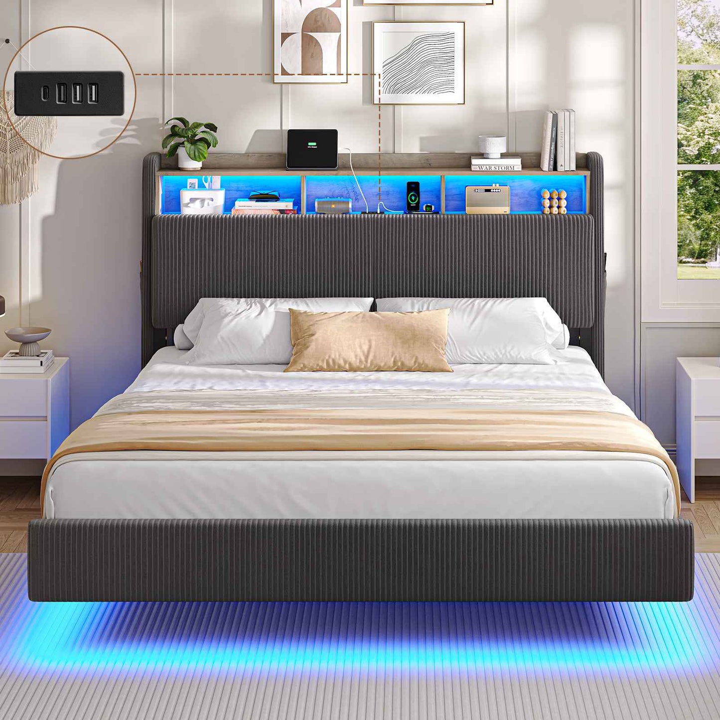 AOGLLATI Polsterbett 160x200 mit Stauraum Schwebebett mit 270°-LED-Beleuchtung Jugendbett mit Ladestation Doppelbett Bettgestell mit Stauraum Kopfteil