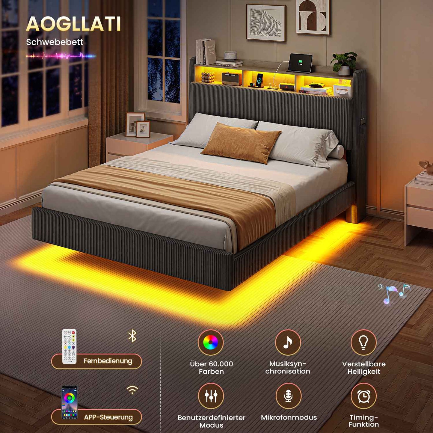 AOGLLATI Polsterbett 140x190 mit Stauraum Schwebebett mit 270°-LED-Beleuchtung Jugendbett mit Ladestation Doppelbett Bettgestell mit Stauraum Kopfteil