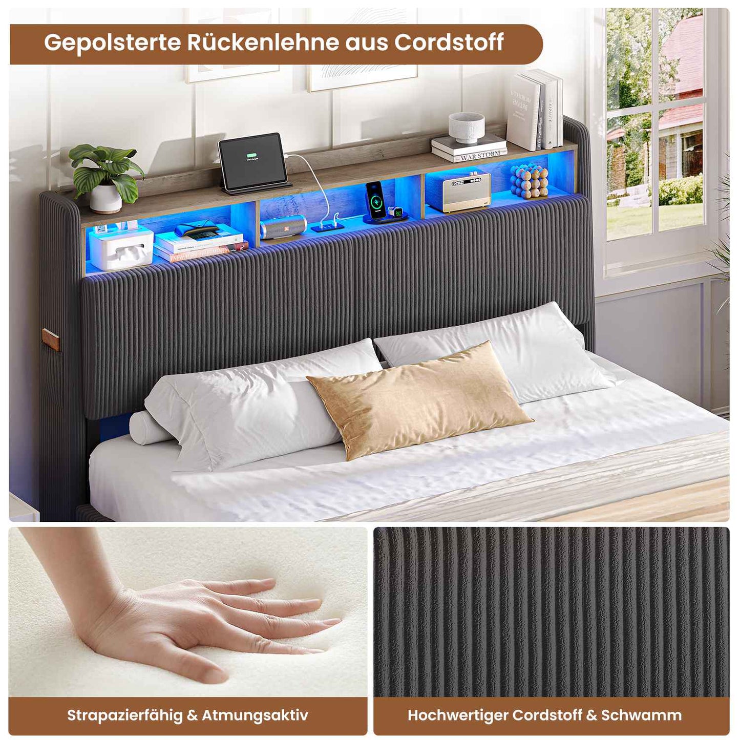 AOGLLATI Polsterbett 160x200 mit Stauraum Schwebebett mit 270°-LED-Beleuchtung Jugendbett mit Ladestation Doppelbett Bettgestell mit Stauraum Kopfteil