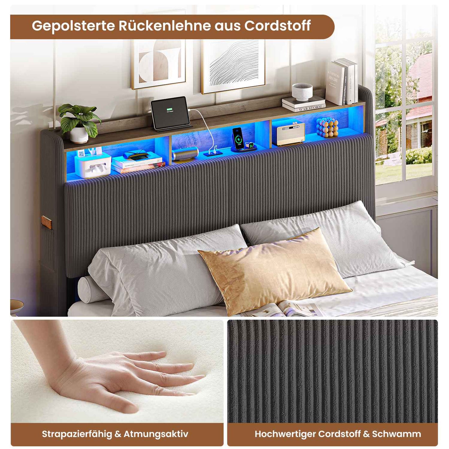 AOGLLATI Polsterbett 180x200 mit Stauraum Schwebebett mit 270°-LED-Beleuchtung Doppelbett mit Ladestation Bettgestell mit Stauraum Kopfteil