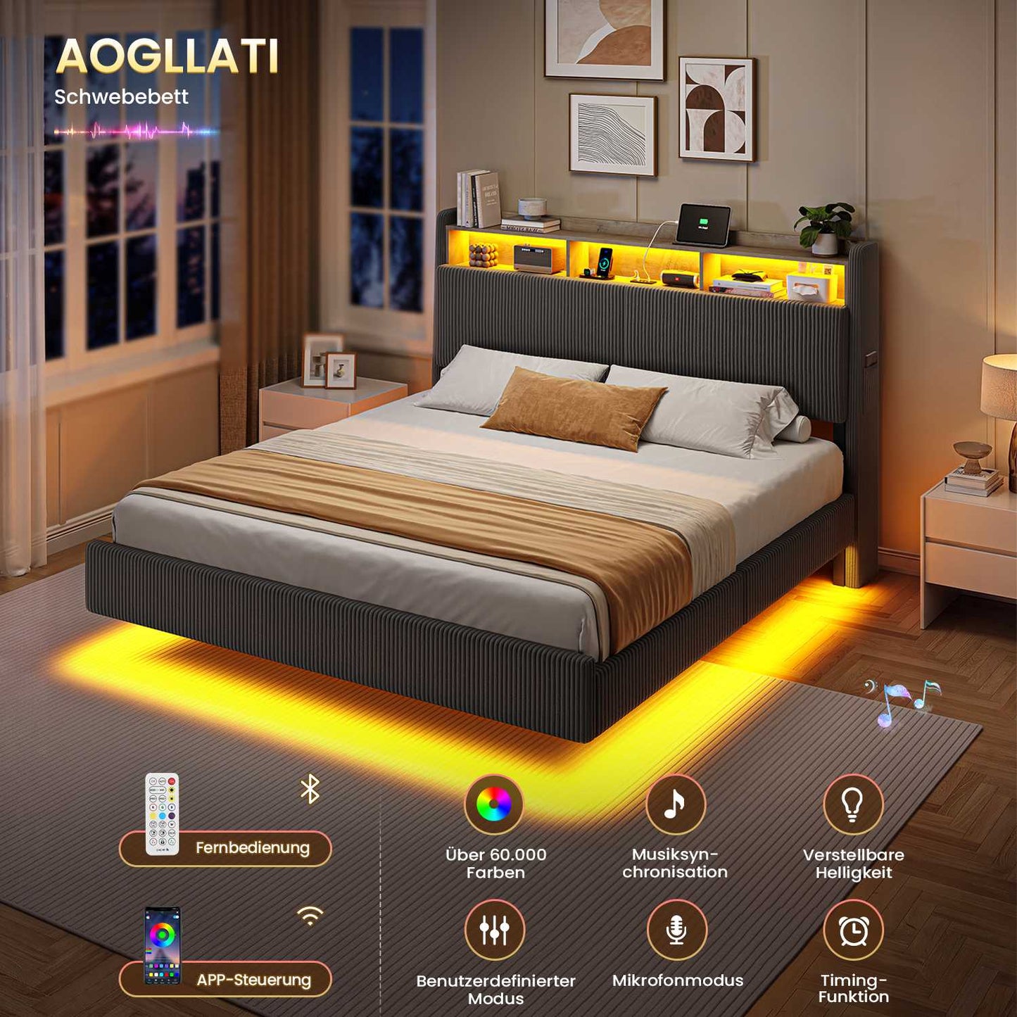 AOGLLATI Polsterbett 160x200 mit Stauraum Schwebebett mit 270°-LED-Beleuchtung Jugendbett mit Ladestation Doppelbett Bettgestell mit Stauraum Kopfteil