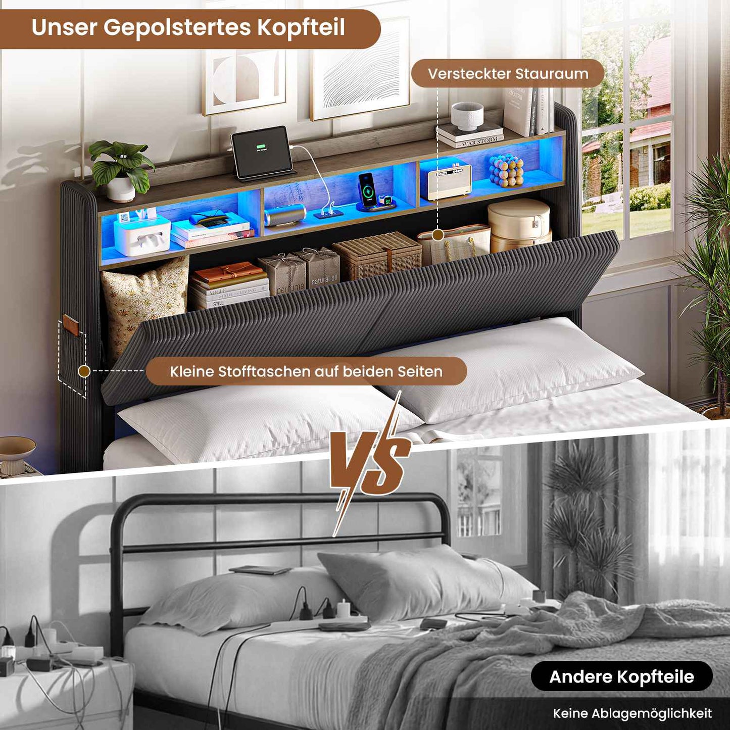 AOGLLATI Polsterbett 180x200 mit Stauraum Schwebebett mit 270°-LED-Beleuchtung Doppelbett mit Ladestation Bettgestell mit Stauraum Kopfteil