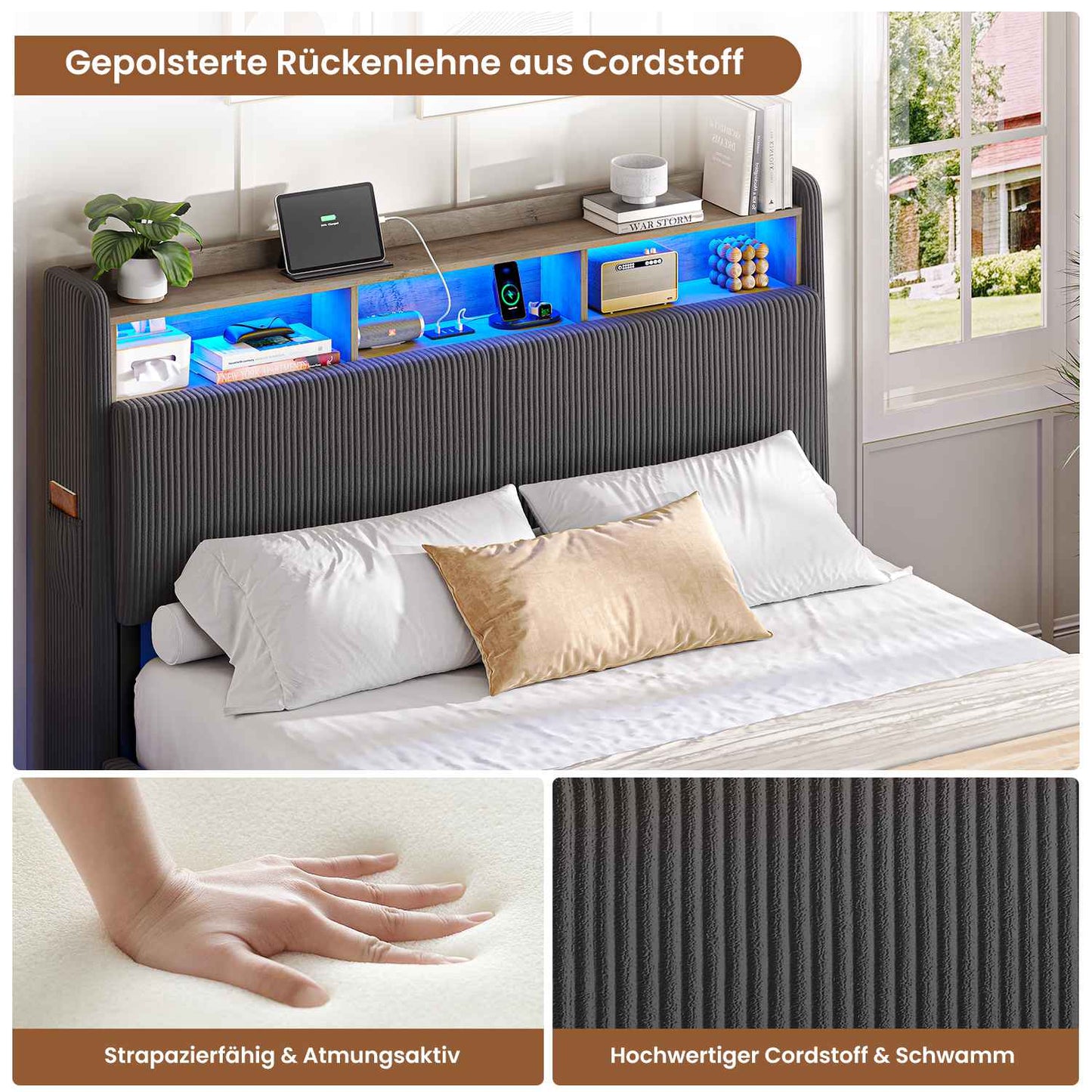 AOGLLATI Polsterbett 140x190 mit Stauraum Schwebebett mit 270°-LED-Beleuchtung Jugendbett mit Ladestation Doppelbett Bettgestell mit Stauraum Kopfteil
