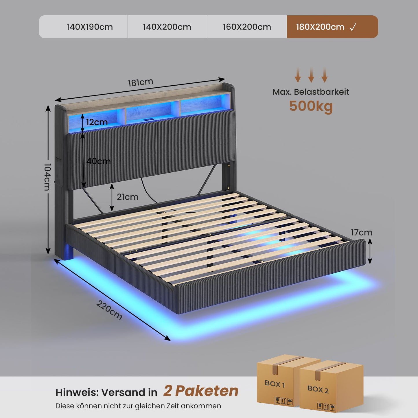 AOGLLATI Polsterbett 180x200 mit Stauraum Schwebebett mit 270°-LED-Beleuchtung Doppelbett mit Ladestation Bettgestell mit Stauraum Kopfteil