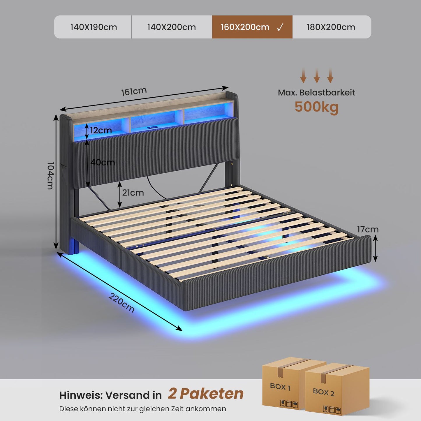AOGLLATI Polsterbett 160x200 mit Stauraum Schwebebett mit 270°-LED-Beleuchtung Jugendbett mit Ladestation Doppelbett Bettgestell mit Stauraum Kopfteil