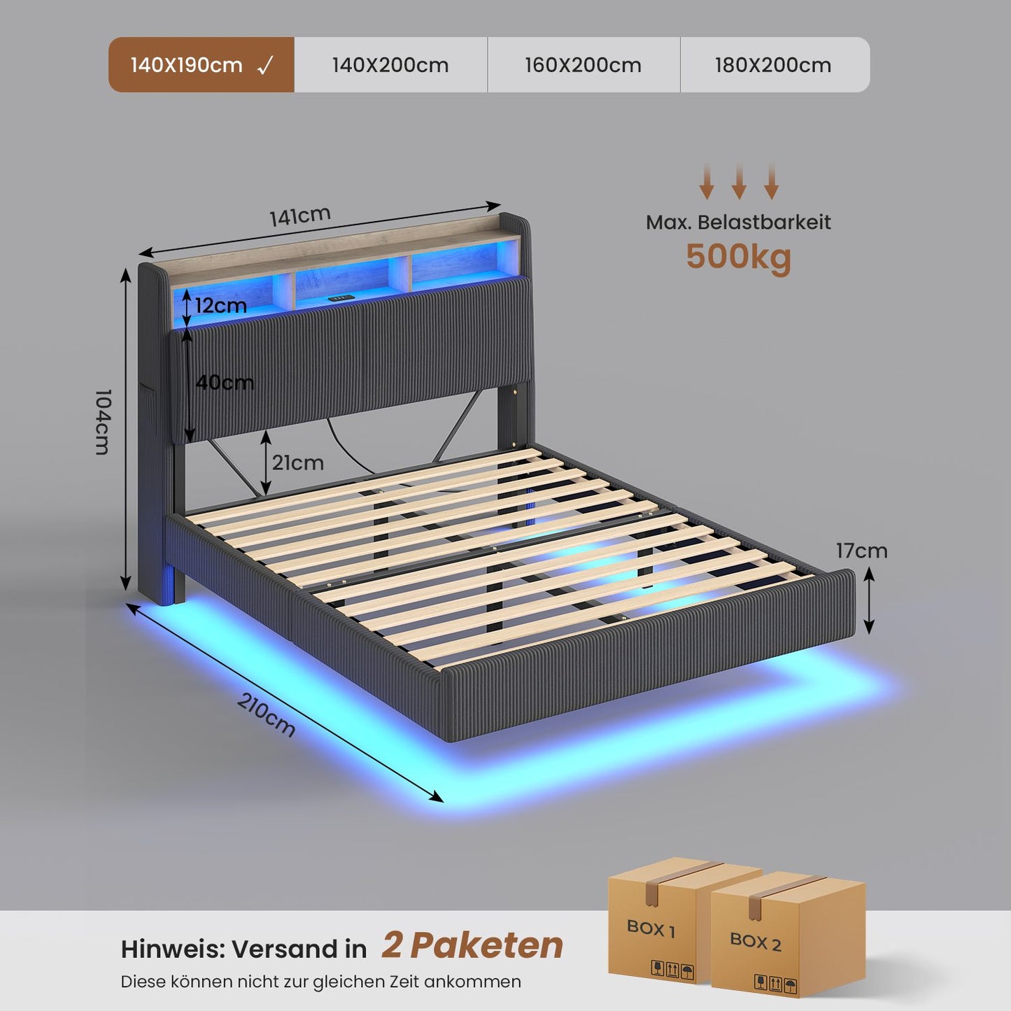 AOGLLATI Polsterbett 140x190 mit Stauraum Schwebebett mit 270°-LED-Beleuchtung Jugendbett mit Ladestation Doppelbett Bettgestell mit Stauraum Kopfteil