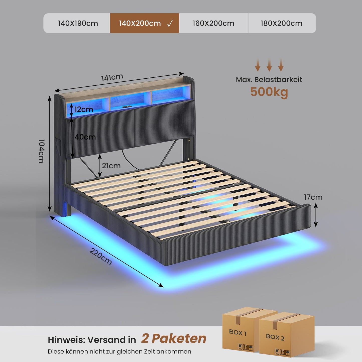 AOGLLATI Polsterbett 140x200 mit Stauraum Schwebebett mit 270°-LED-Beleuchtung Jugendbett mit Ladestation Doppelbett Bettgestell mit Stauraum Kopfteil