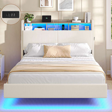 AOGLLATI Polsterbett 140x200 mit Stauraum Schwebebett mit 270°-LED-Beleuchtung Jugendbett mit Ladestation Doppelbett Bettgestell mit Stauraum Kopfteil