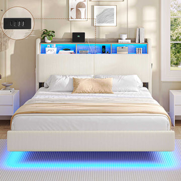 AOGLLATI Polsterbett 160x200 mit Stauraum Schwebebett mit 270°-LED-Beleuchtung Jugendbett mit Ladestation Doppelbett Bettgestell mit Stauraum Kopfteil