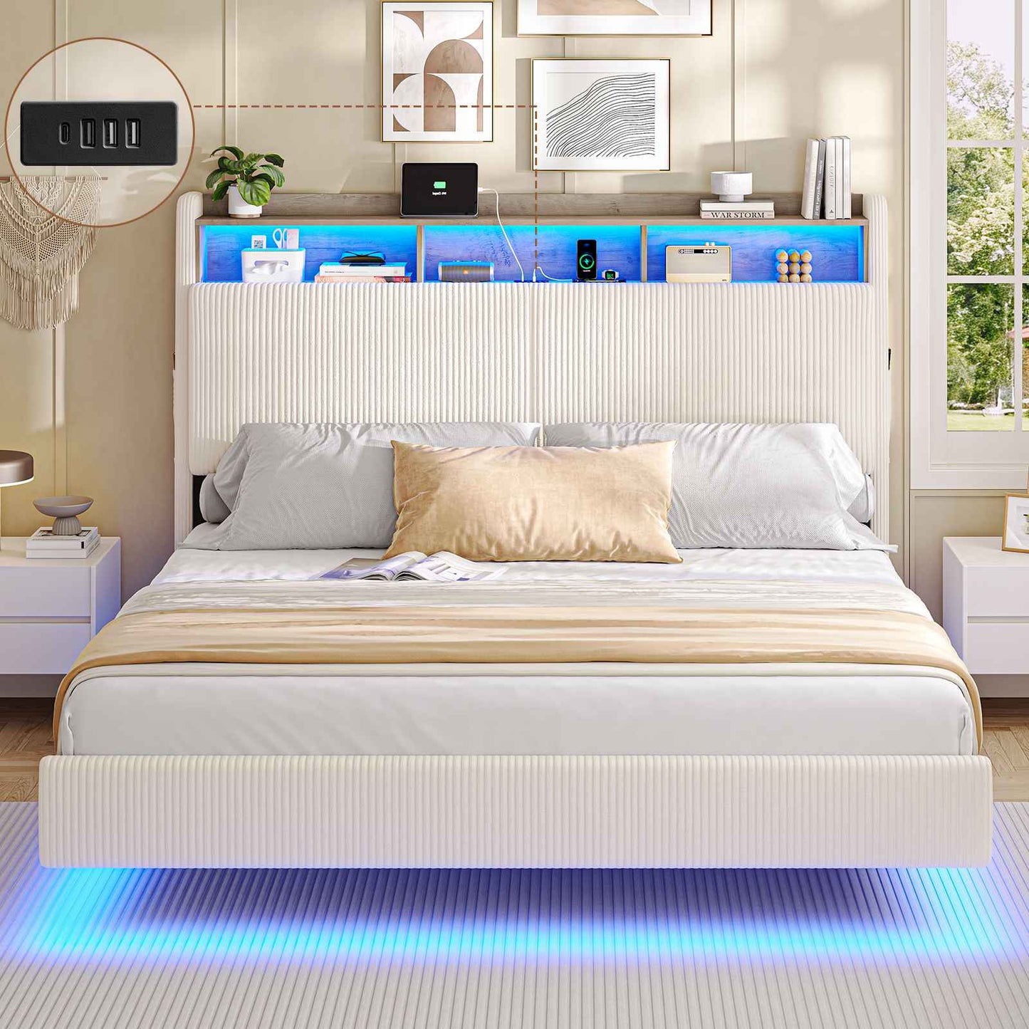 AOGLLATI Polsterbett 180x200 mit Stauraum Schwebebett mit 270°-LED-Beleuchtung Doppelbett mit Ladestation Bettgestell mit Stauraum Kopfteil