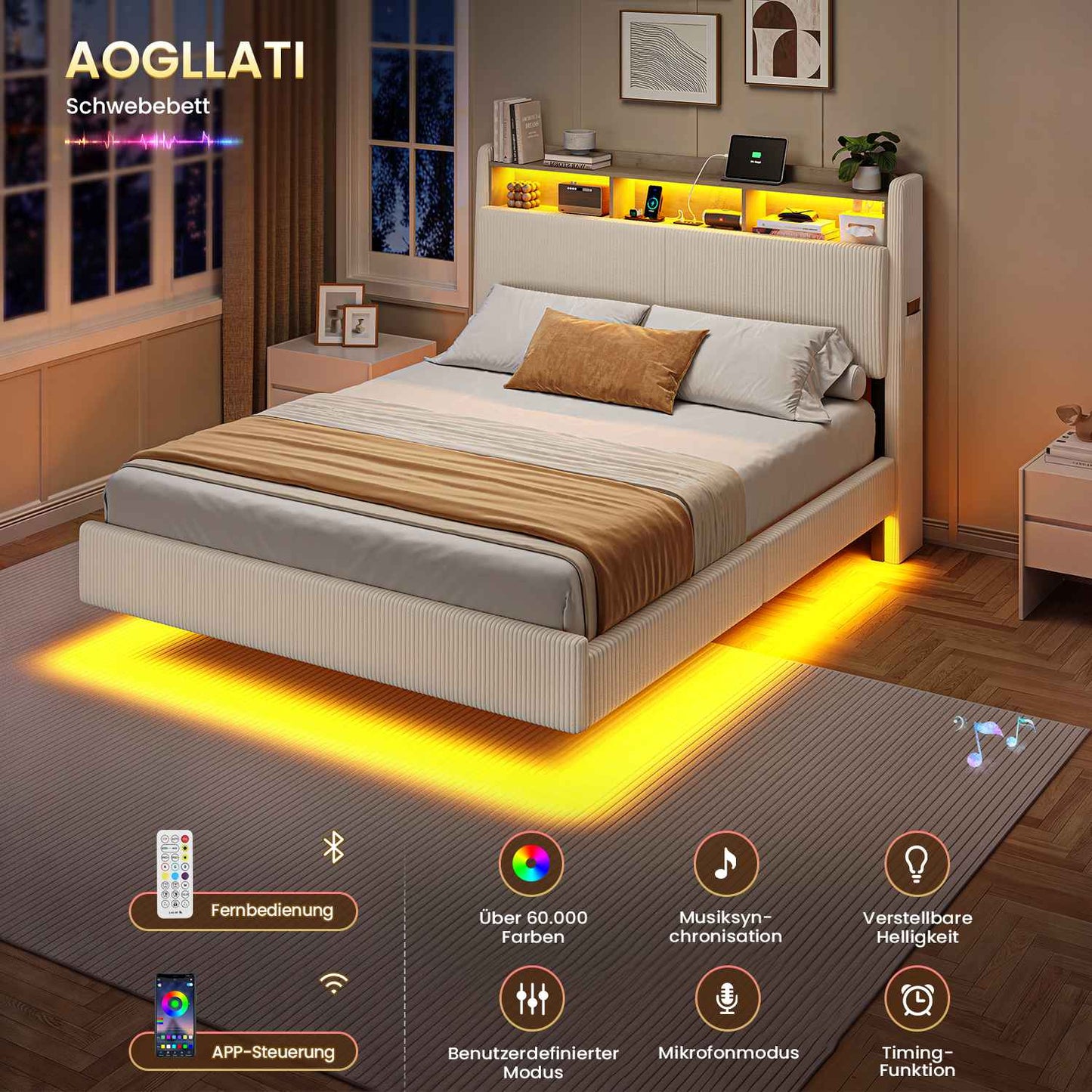 AOGLLATI Polsterbett 140x190 mit Stauraum Schwebebett mit 270°-LED-Beleuchtung Jugendbett mit Ladestation Doppelbett Bettgestell mit Stauraum Kopfteil