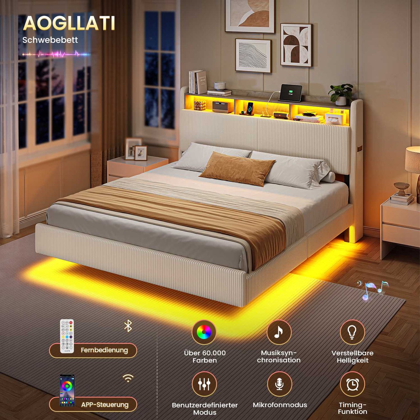 AOGLLATI Polsterbett 160x200 mit Stauraum Schwebebett mit 270°-LED-Beleuchtung Jugendbett mit Ladestation Doppelbett Bettgestell mit Stauraum Kopfteil