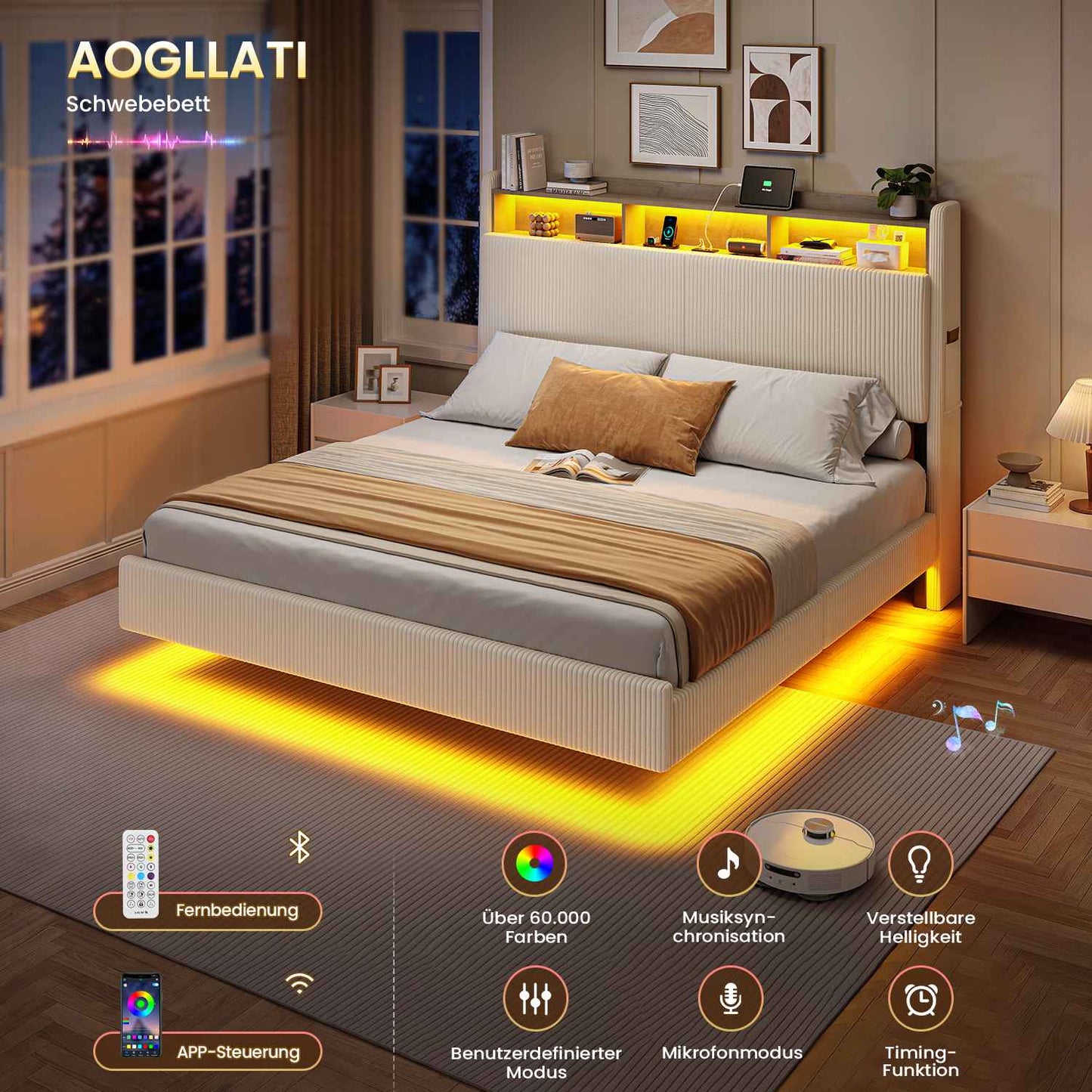 AOGLLATI Polsterbett 180x200 mit Stauraum Schwebebett mit 270°-LED-Beleuchtung Doppelbett mit Ladestation Bettgestell mit Stauraum Kopfteil