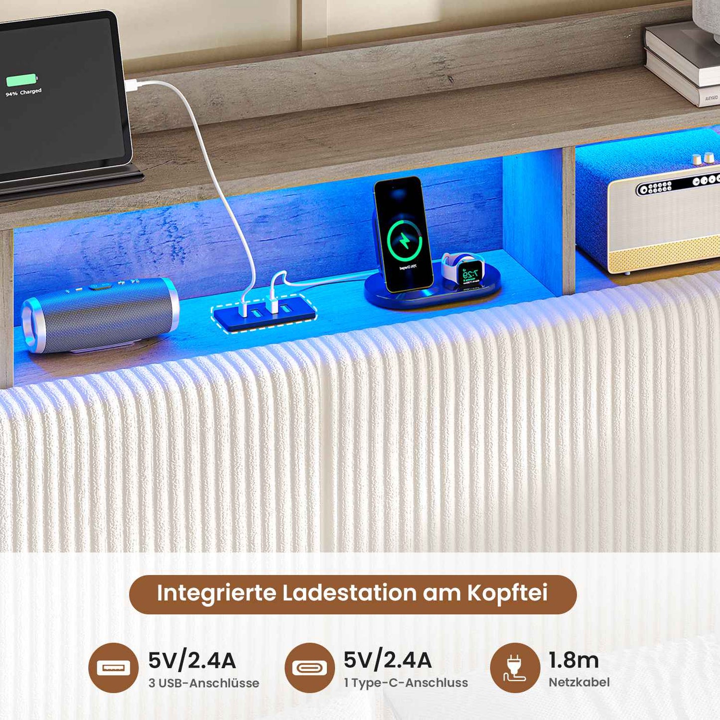 AOGLLATI Polsterbett 140x190 mit Stauraum Schwebebett mit 270°-LED-Beleuchtung Jugendbett mit Ladestation Doppelbett Bettgestell mit Stauraum Kopfteil