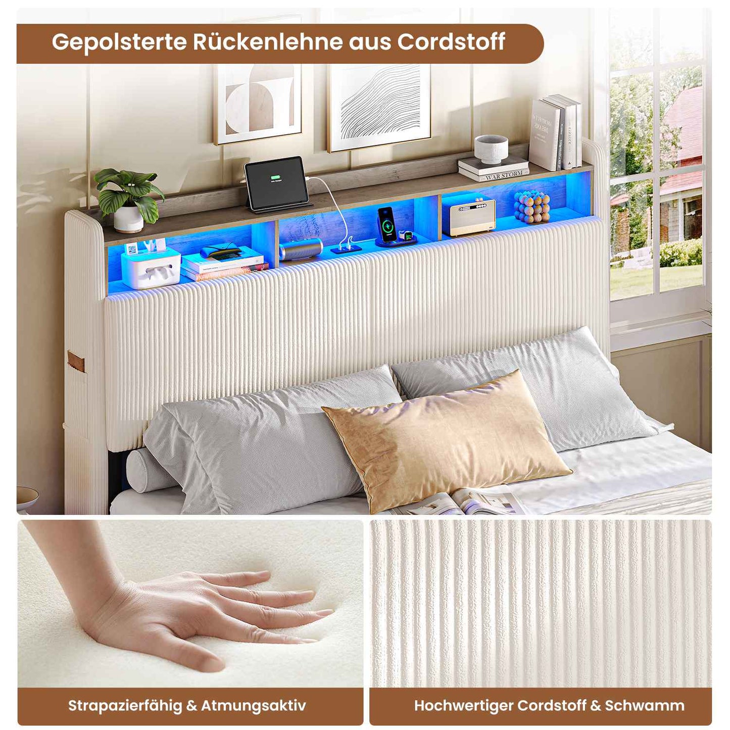 AOGLLATI Polsterbett 180x200 mit Stauraum Schwebebett mit 270°-LED-Beleuchtung Doppelbett mit Ladestation Bettgestell mit Stauraum Kopfteil