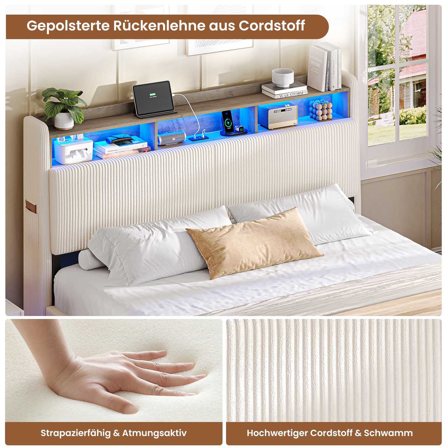 AOGLLATI Polsterbett 160x200 mit Stauraum Schwebebett mit 270°-LED-Beleuchtung Jugendbett mit Ladestation Doppelbett Bettgestell mit Stauraum Kopfteil