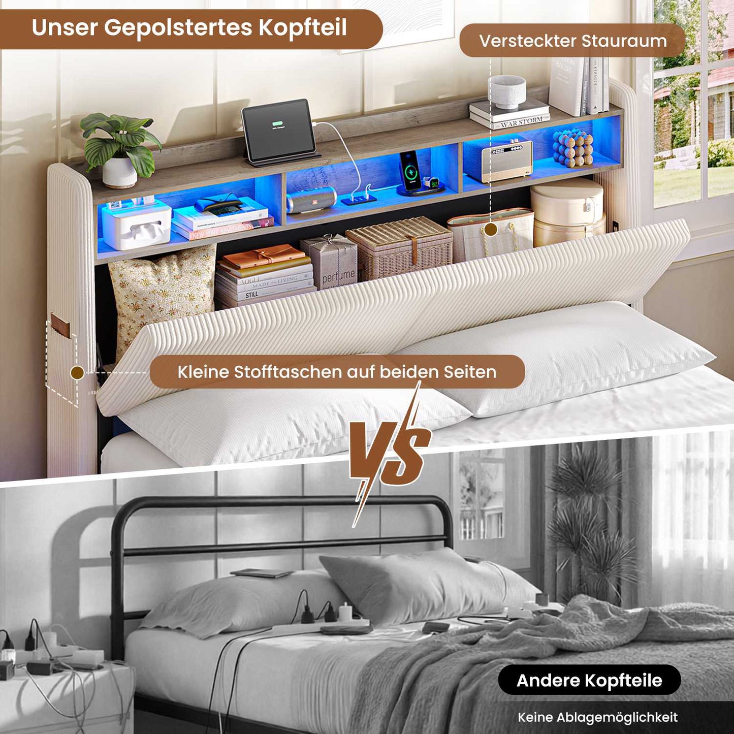 AOGLLATI Polsterbett 160x200 mit Stauraum Schwebebett mit 270°-LED-Beleuchtung Jugendbett mit Ladestation Doppelbett Bettgestell mit Stauraum Kopfteil